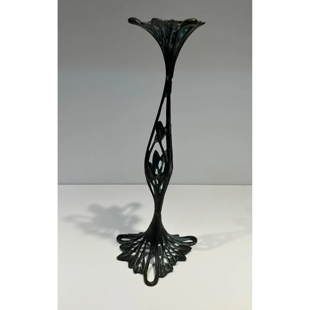 Vintage Art Nouveau Bronze Verdigris Floral Candlestick Holder 12 Inch Openwork
